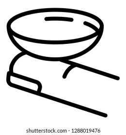 Eye lens on finger icon. Outline eye lens on finger vector icon for web design isolated on white background