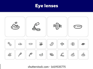 Eye lenses line icon set. Contact lens, container, eye drop. Vision concept. Can be used for topics like eyesight, sight, healthcare