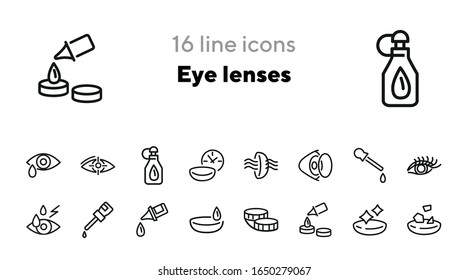 Eye lenses line icon set. Solution, container, eye drop. Eyes care concept. Can be used for topics like sight, vision, healthcare
