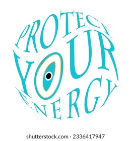 Еvil eye lettering in turquoise, gold and black on white background, used to ward off variations of evil intentions. Can be used for T-shirt prints, home decor, covering, wrapping and decoration