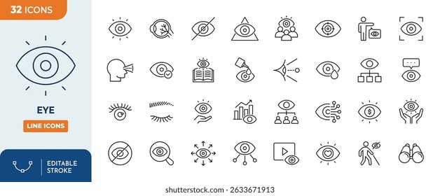 Conjunto de ícones editáveis da linha de olho. Contendo olhos, ver, visível, vigilância, ver, visão, testemunha, olhar para, supervisão, foco e muito mais. Traçado editável. Ilustração vetorial