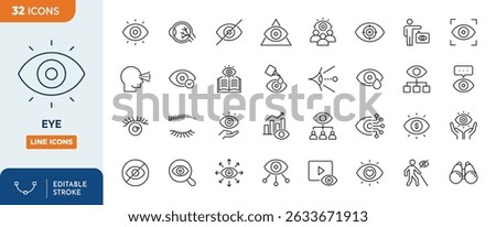 Eye line editable icon set. Containing eyes, see, visible, surveillance, view, vision, witness, looking at, supervision, focus, and more. Editable stroke. Vector illustration