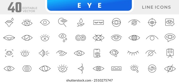 Colección de icono de línea de ojo. Visión, vista, oculto, invisible, que contiene el ojo, visible, médico, cuidado de los ojos, y conjunto de iconos del globo ocular. Paquete de iconos de esquema de interfaz de usuario