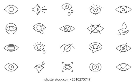 Colección de icono de línea de ojo. Visión, vista, oculto, invisible, que contiene el ojo, visible, médico, cuidado de los ojos, y conjunto de iconos del globo ocular. Paquete de iconos de esquema de interfaz de usuario