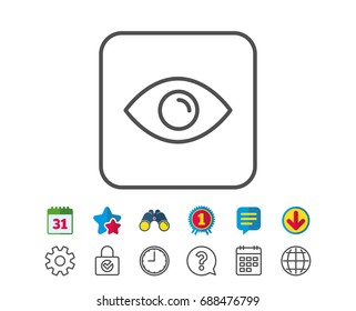 Eye line icon. Look or Optical Vision sign. View or Watch symbol. Calendar, Globe and Chat line signs. Binoculars, Award and Download icons. Editable stroke. Vector