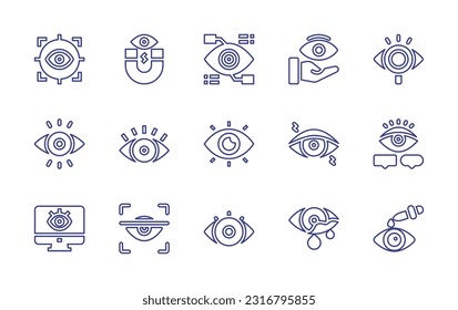 Conjunto de iconos de línea ocular. Trazo editable. Ilustración vectorial. Conteniendo objetivo, atractivo, ojo biónico, ojo, visión, testigo, picor, espía, monitoreo, reconocimiento, llanto, gotas.