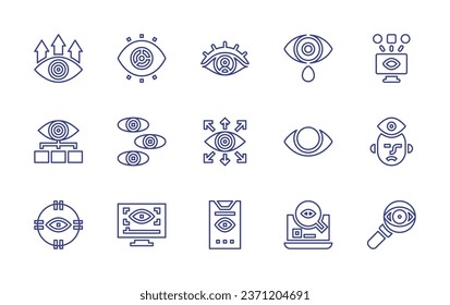 Conjunto de iconos de línea ocular. Trazo editable. Ilustración vectorial. Conteniendo visión, visualización, llanto, computadora, organización, visor, visión compartida, paranoia, objetivo, visores, observación, búsqueda.