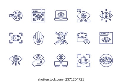 Eye line icon set. Editable stroke. Vector illustration. Containing eye balls, attractive, spy, visualization, astute, eye scan, eyes, hamsa, visibility, briefcase, research, vision, monitoring.