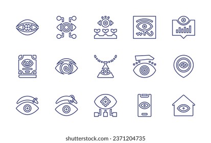 Conjunto de iconos de línea ocular. Trazo editable. Ilustración vectorial. Con visión, vigilancia, jeroglífico, visiones, libro, hipnosis, amuleto, blefaroplastia, ciego, anillo, casa.