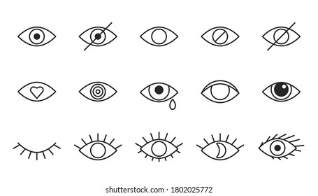 Iconos de línea ocular, trazos editables. Ojos abiertos, ojos cerrados, concepto invisible visible, contraseña oculta, vista mínima, amor, llanto. Signos de contorno negros. Ilustración del vector