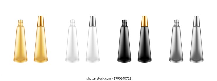 Eye, lip roller tube with cream, serum, or essential oil for anti-age care wrinkle prevent. Set of golden, silver, white and black mockups. Packaging design. 3d isolated realistic vector illustration