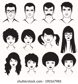 eye lips and hair, men and woman face parts, head character