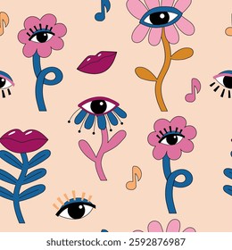 Eye lips retro surrealism art design background. Psychedelic flowers in the form of eyes, lips. Pop art vector seamless pattern.