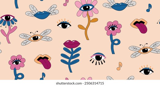 Augenlippen Surrealismus Kunst Design Hintergrund. Psychedelische Blumen und Insekten in Form von Augen, Lippen. Pop Art Vektor nahtloses Muster.