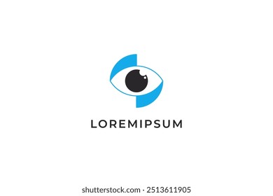 Augenlogo. Blaues geometrisches einfaches Auge mit anfänglicher S-Buchstabenkombination einzeln auf weißem Hintergrund. Flaches Vektor-Logo-Design-Vorlagenelement, das für Branding-Logos geeignet ist.