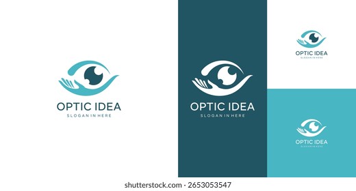 Eye Logo Design, Auge mit Hand, Eyecare Symbol. Retina Scan Eye Icons Sammlung, Einfach, Silhouette, Vektorvorlage