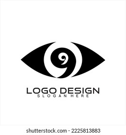 Eye logo design. Illustration of an eye with the concept of the number nine on the iris, pupil and cornea .