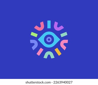Eye logo design. Optics logotype in a frame from colored shapes. Universal vision camera seach vector sign. Vector illustration.