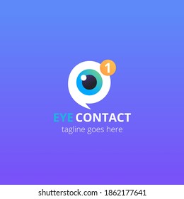 Eye logo on violet background. Vector design template. Chat with message logotype