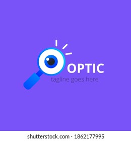 Eye logo on violet background. Vector design template. Logotype with seo sign. Magnifying glass