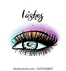 Eye with long eyelashes, shadows and glitter, vector illustration