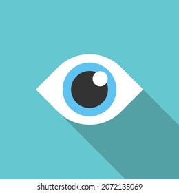 Eye with long shadow on turquoise blue. Vision, search, view, eyesight, surveillance and health concept. Flat design. EPS 8 vector illustration, no transparency, no gradients