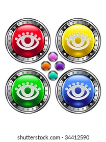 Eye or look icon on round colorful vector buttons suitable for use on websites, in print materials or in advertisements.  Set includes red, yellow, green, and blue versions.