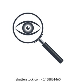 Eye look in magnifier graphic icon. Eye in loupe isolated sign on white background. As the symbol finding and investigate. Vector illustration