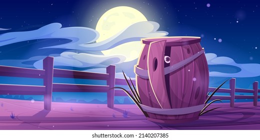 Eye look through the wooden barrel hole at full moon night western landscape with ranch wood fence at desert area background. Peep or spy concept with hidden person looking Cartoon vector illustration