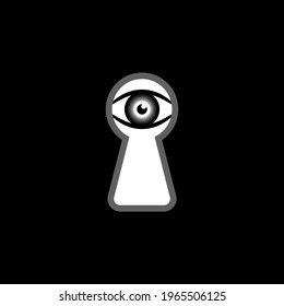 Eye looking in the keyhole graphic icon. Peeking eye sign isolated on black background. Someone peeping. Vector illustration