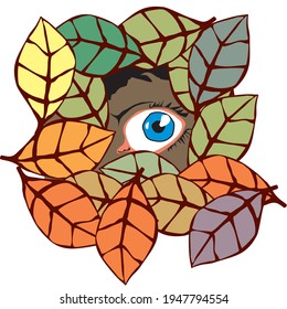 EYE IS LOOKING THROUGH AUTUMN LEAVES