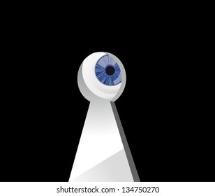 Eye looking through a blured black keyhole