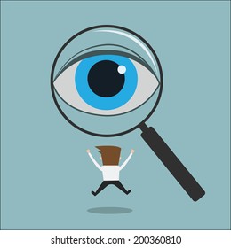 eye looking through a magnifying glass finding man Recruitment or selection concept. 