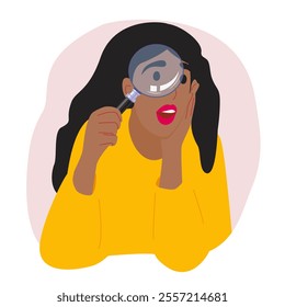 Eye looking through magnifying glass. Search, research concept. Female character finding with lens, loupe, checking, analysing, studying. Flat vector illustration. 