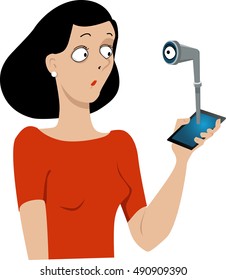 An Eye Looking At A Woman Through A Periscope Coming Out Of Her Smart-phone, EPS 8 Vector Illustration