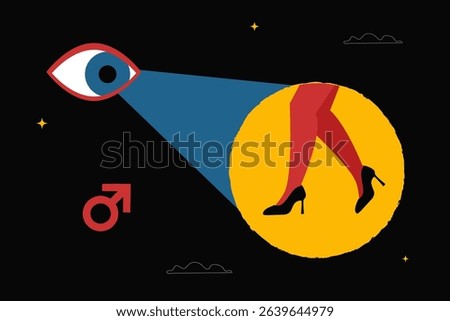 An eye looking at a woman's legs in heels in close-up. The metaphor of a male gaze. A symbol of the objectification of women in cinema and media.