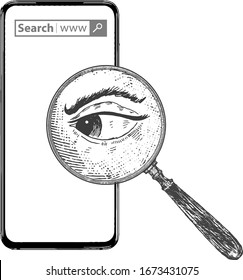 Eye looks in magnifying glass.  Analyzing the world. Global search Vintage  Engraving style retro vector lineart Hand drawn illustration of modern smartphone