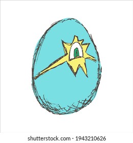The eye looks through a hole in a cracked egg. Cartoon vector grunge embryo in shell clipart