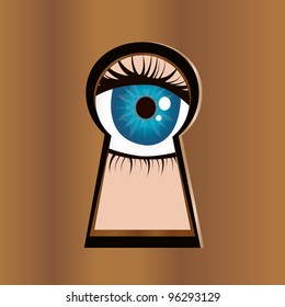 Eye looks through keyhole.