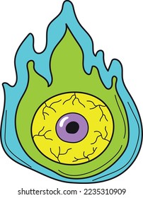 Eye in magic fire flame. Surrealism art. Psychedelic sticker isolated on white background