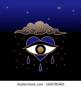 Eye of the magic heart, Vector illustration in magic vintage style. Spiritual guidance tarot reader design. decorative illustration