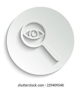 eye in magnification  - vector icon with shadow on a round button