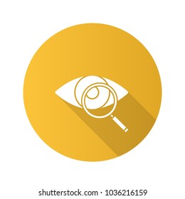 Eye with magnifying glass flat design long shadow glyph icon. Eye test. Vision examination. Vector silhouette illustration