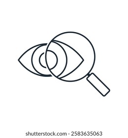 Eye with a magnifying glass. Look closely. Vector linear icon illustration. isolated on white background.