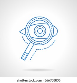 Eye with a magnifying glass. Search, analysis, seo, search solutions. Blue flat line style vector icon. Single web design element for mobile app or website.