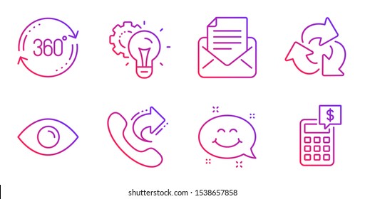 Eye, Mail correspondence and Smile chat line icons set. Idea gear, Full rotation and Recycle signs. Share call, Calculator symbols. View or vision, E-mail newsletter. Technology set. Vector