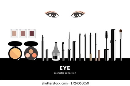 Eye makeup accessory set. Mascara, Eyebrow pen, Liquid eyeliner, Shadow. Makeup artist tool. Trendy Beauty product isolated concept. Modern pop art style poster. Simple flat vector illustration.
