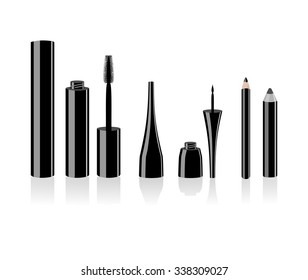 Eye makeup accessory set - mascara, eyebrow pen, liquid eyeliner. Vector art image illustration for cosmetic banners, brochures and promotional items. Open make up tube . isolated on white background