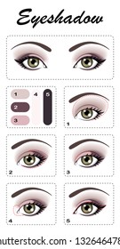 Eye makeup with arrows. Eye shadows are applied step by step. Eye color is greenish brown.