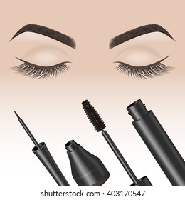 Eye makeup. Closed eyes with color eyelashes . Eyeliner and mascara. Vector illustration